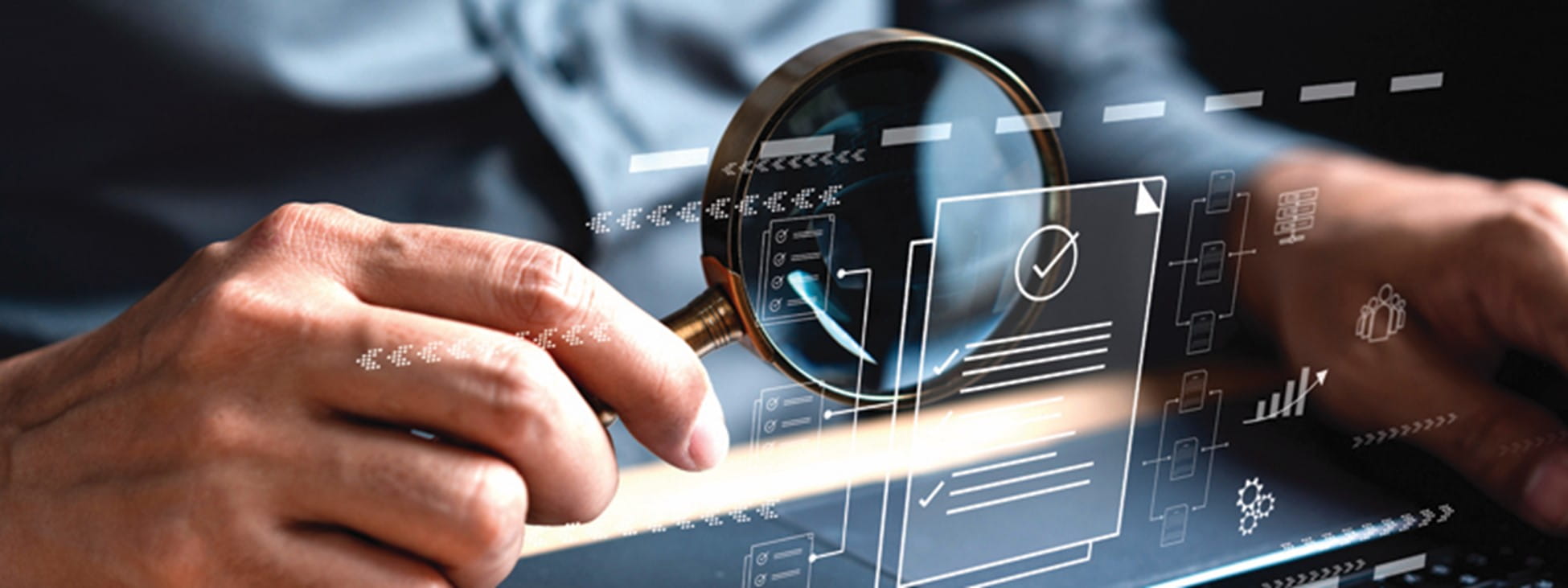 Person viewing virtual files with a magnifying glass