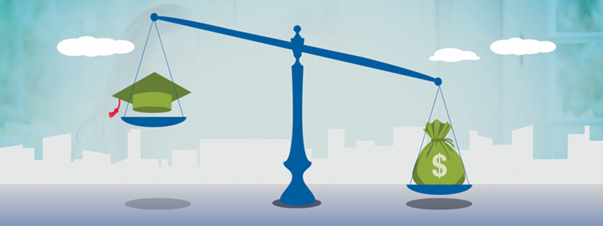 Image of a scale with a graduation hat and money bag